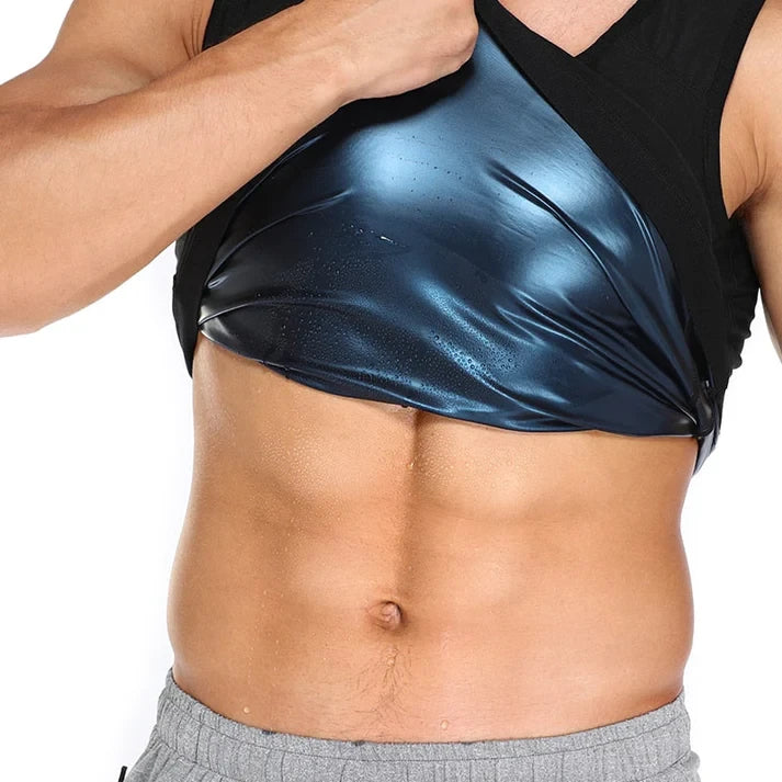 Camiseta moldeadora negra de hombre con interior brillante azul, vista de la prenda