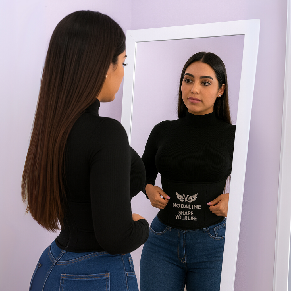Mujer usando faja cinturilla negra Moda King frente al espejo