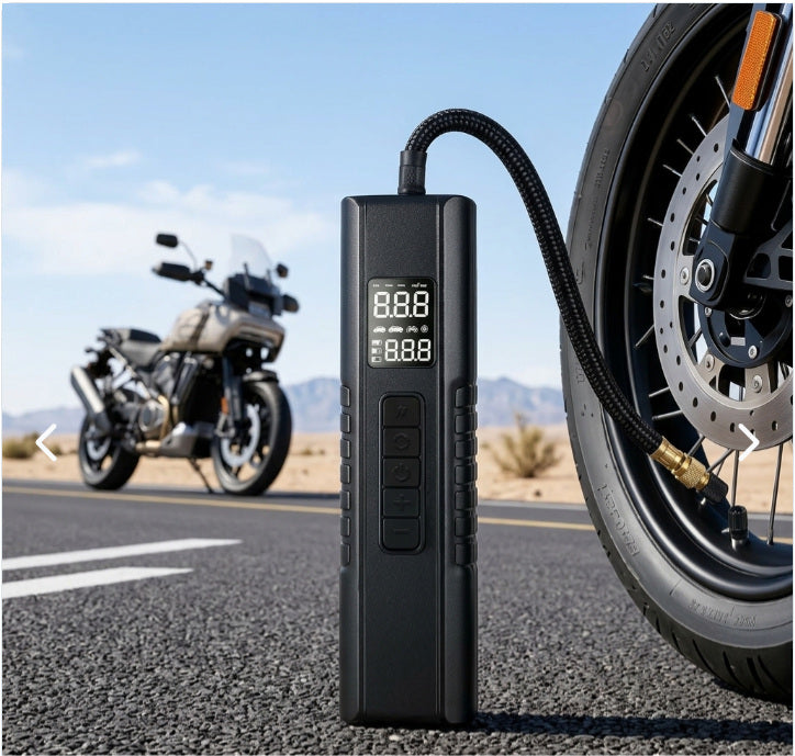 Compresor digital portátil inflando una rueda de motocicleta