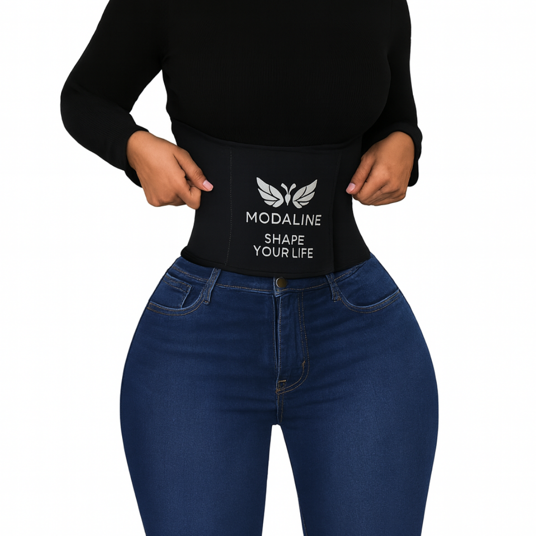 Faja negra moldeadora colocada sobre jeans, vista frontal