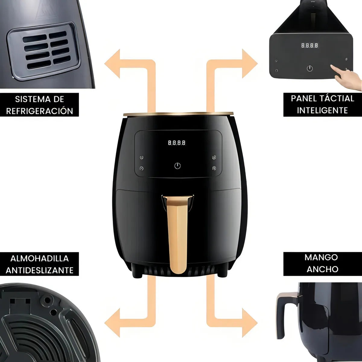 Freidora de aire digital con panel táctil y sistema de refrigeración
