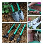 Detalles de palas, rastrillo y tijera del kit de jardinería