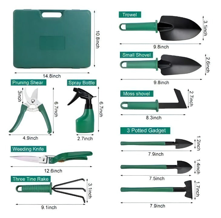 Medidas y componentes del kit completo de jardinería