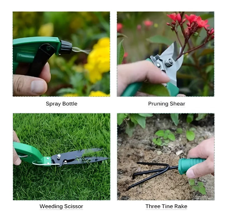 Kit de jardinería mostrando usos de pulverizador, tijera y rastrillo