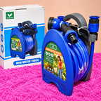 Carrete portátil azul con manguera de jardín enrollada