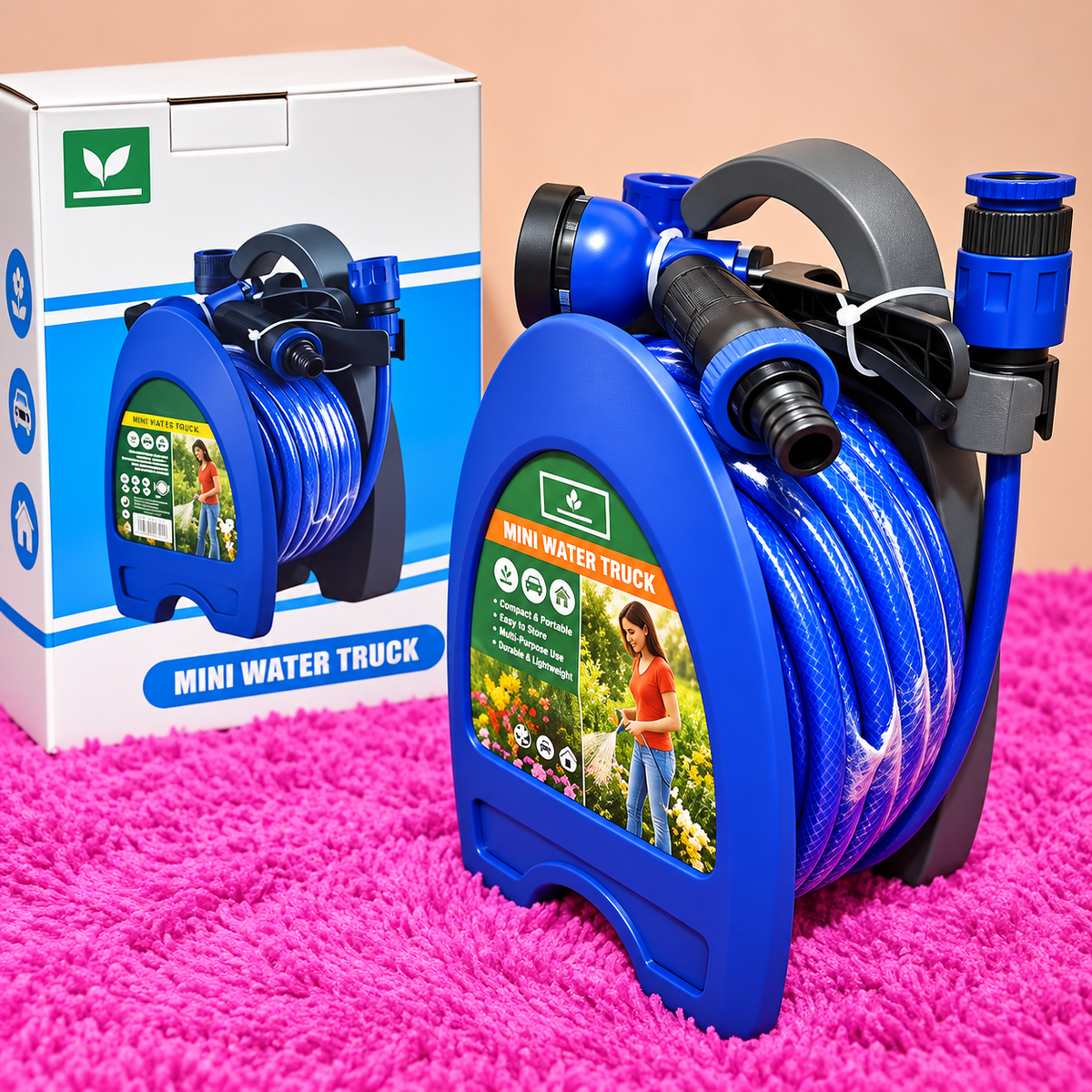 Carrete portátil azul con manguera de jardín enrollada