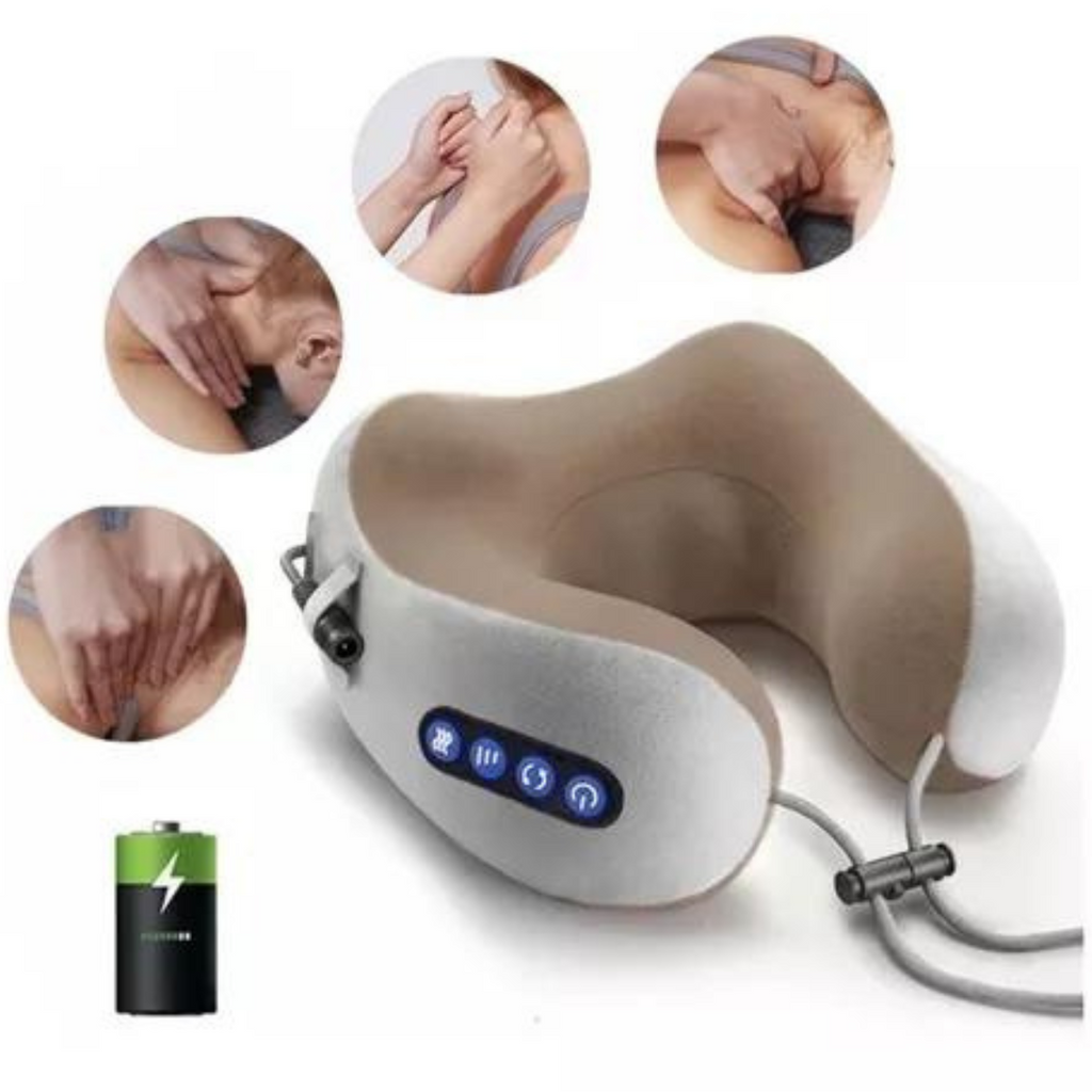 Detalle real de almohada cervical masajeadora gris y cable