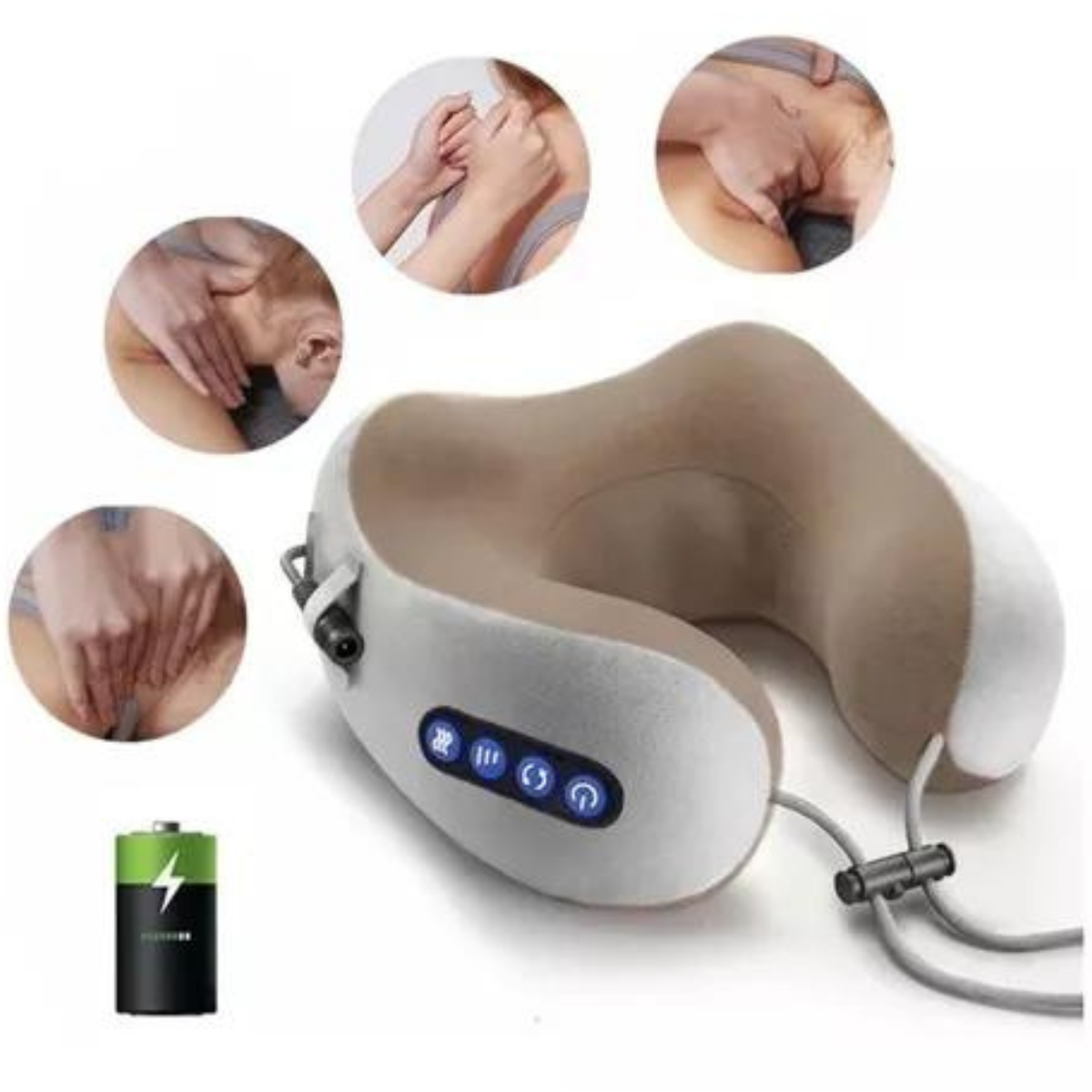 Detalle real de almohada cervical masajeadora gris y cable