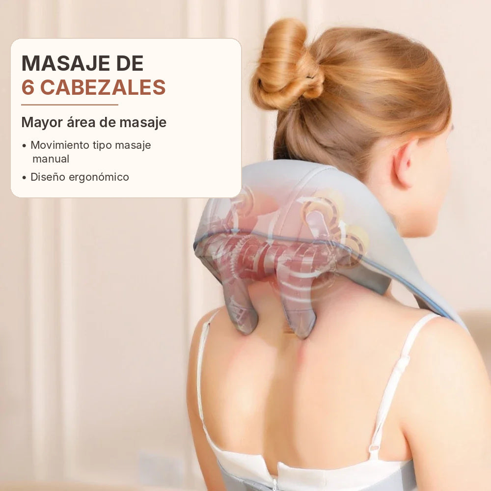 Masajeador cuello y hombros, fotografía en uso con descripción en español