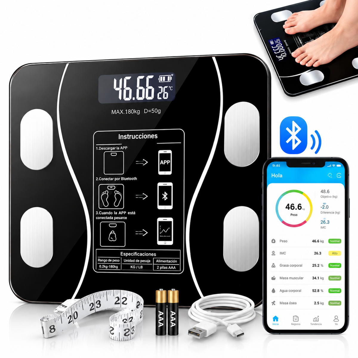 Pesa digital de baño inteligente con Bluetooth y app