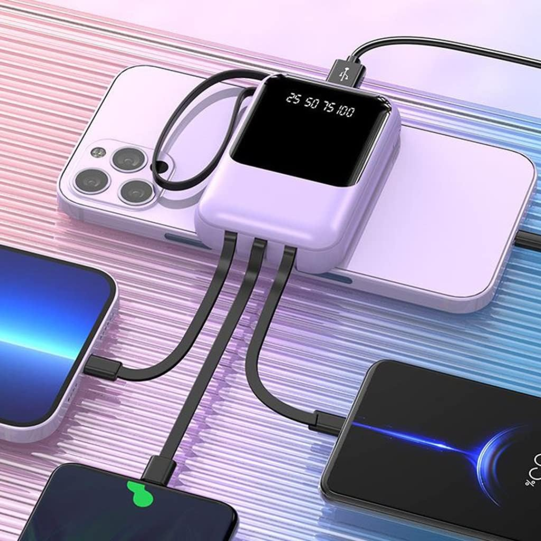 Power Bank 10.000 mAh con cables integrados en uso