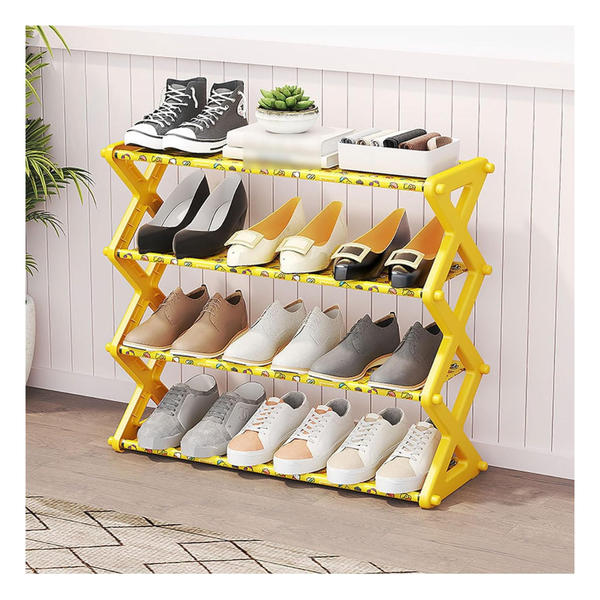 Zapatero plegable de 4 niveles amarillo con calzado
